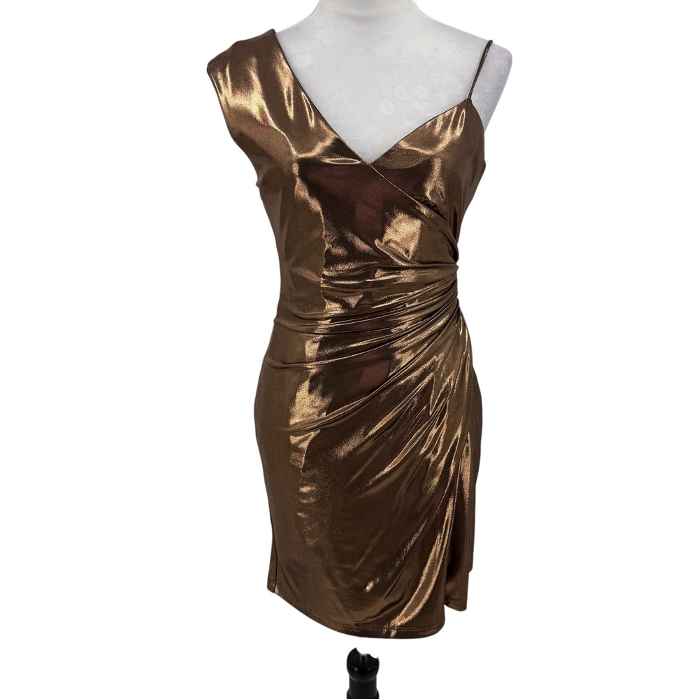 BCBGMAXAZRIA Dress Women Small Bronze Metallic Foil Ruched One Shoulder Cocktail